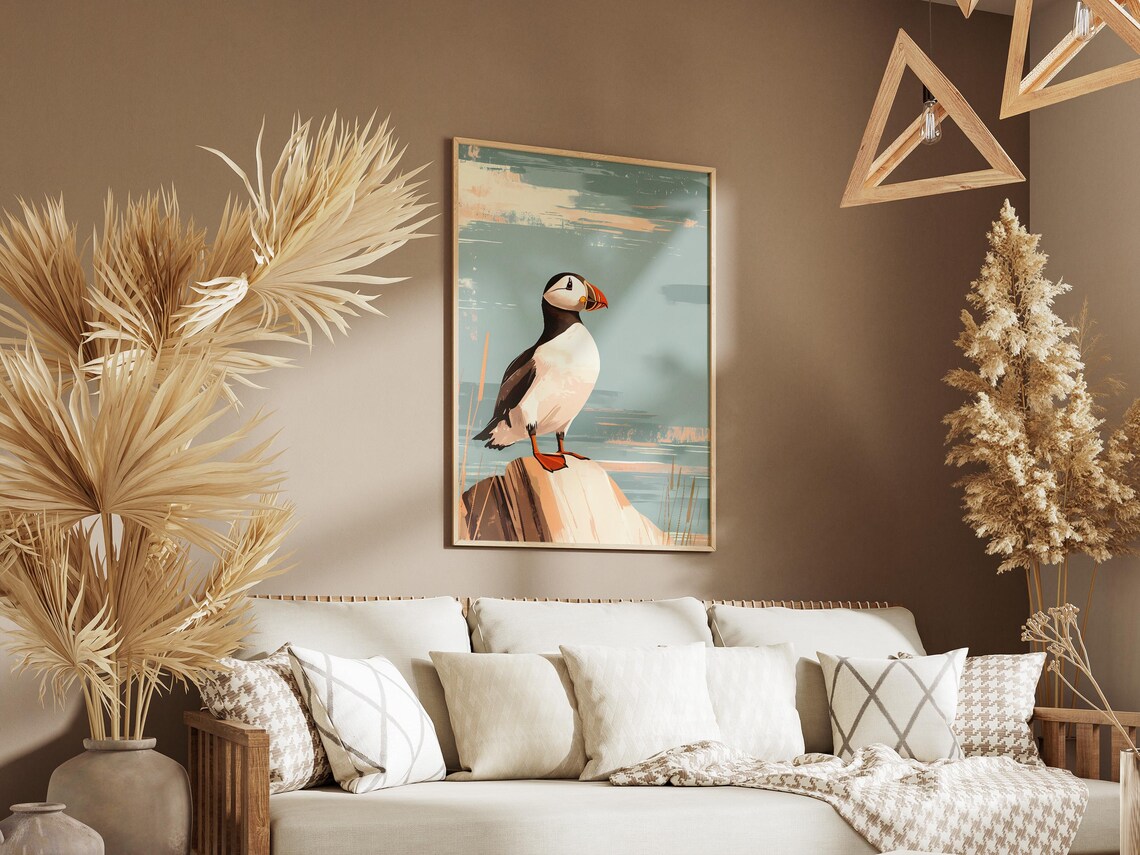 Puffin Perched on a Pale Rock by the Sea Ocean Bird Art Poster - Image 3