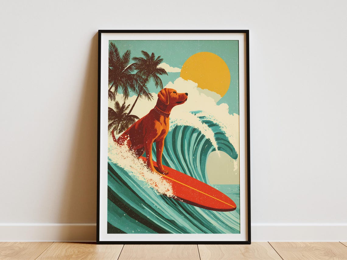 Surfing Dog Riding Wave Retro Beach Art Funny Canine Surf Poster