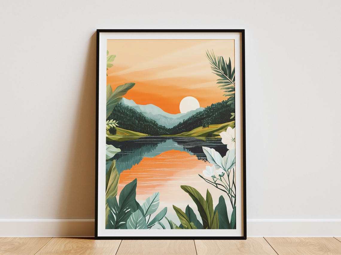 Tropical Sunset Lake With Orange Sky Modern Botanical Poster