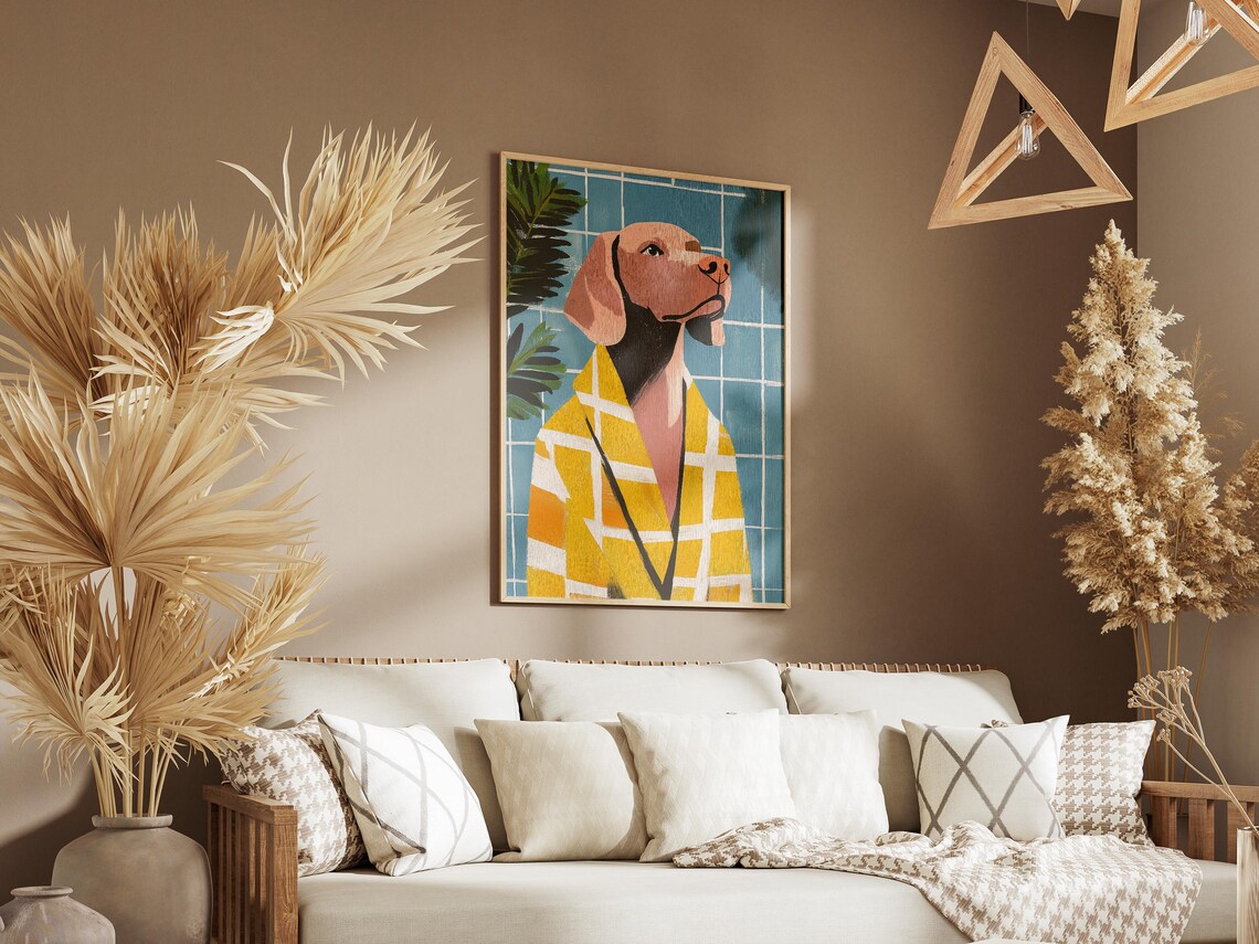 Weimaraner Dog Wearing Yellow Plaid Bathrobe Blue Tile Poster - Image 3
