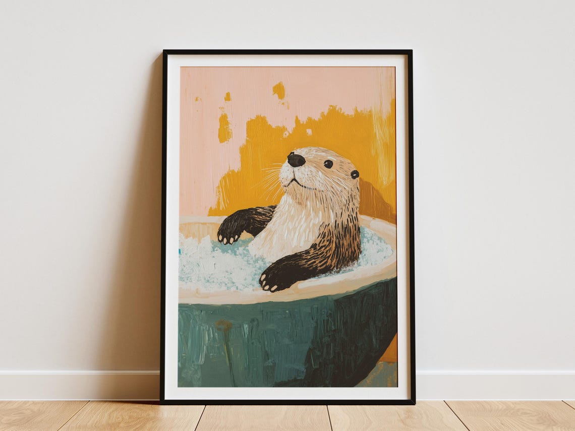 Sea Otter Relaxing in Bubble Bath Mustard Yellow Bathroom Poster