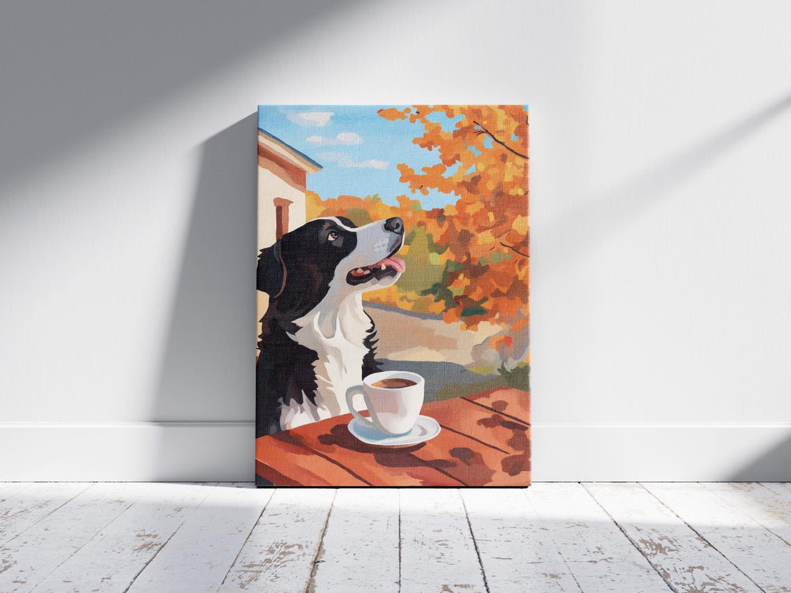 Border Collie with Coffee Under Glowing Autumn Trees Fall Dog Poster - Image 2