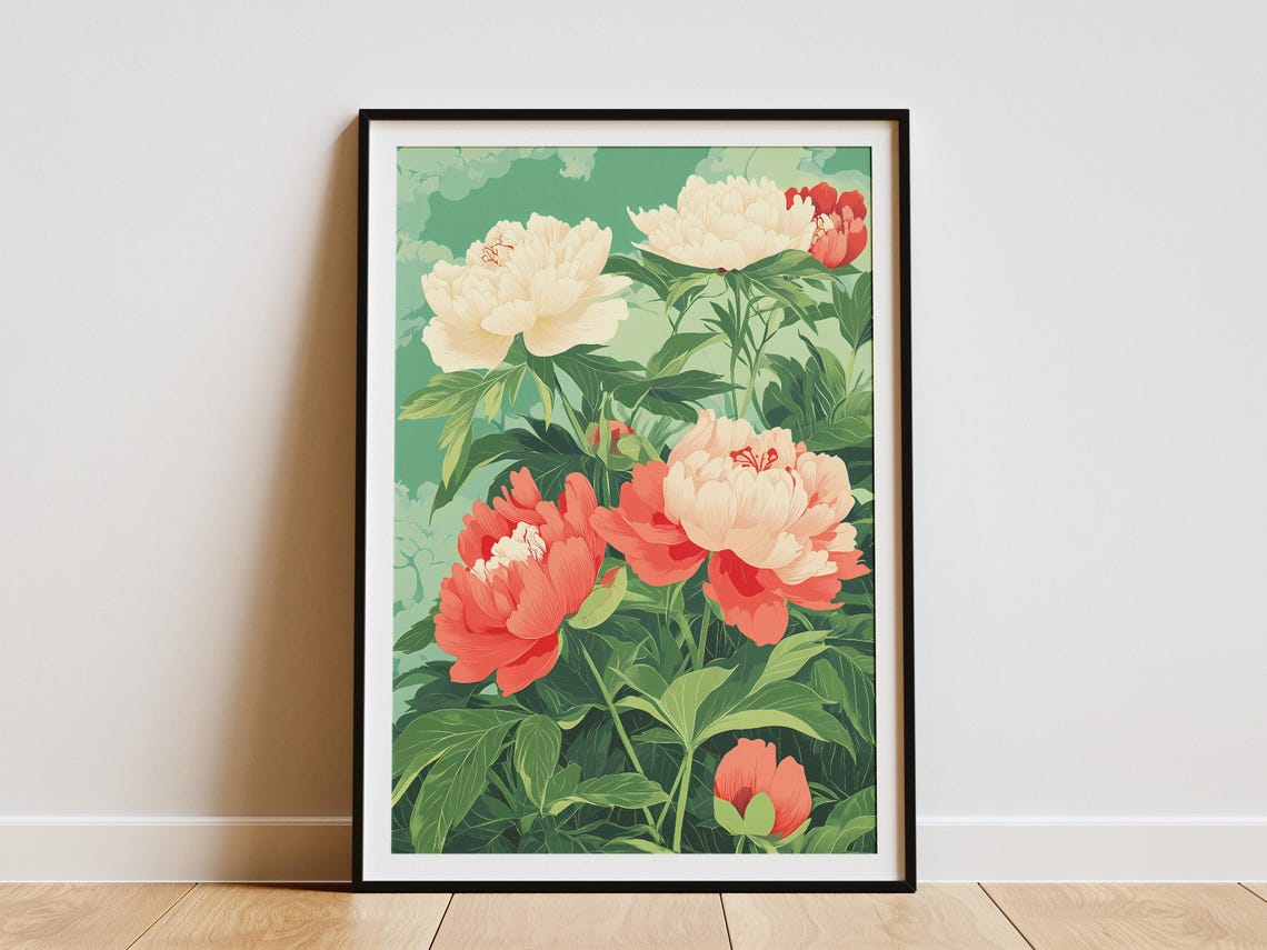 Coral Pink White Peonies Lush Green Botanical Floral Art Poster