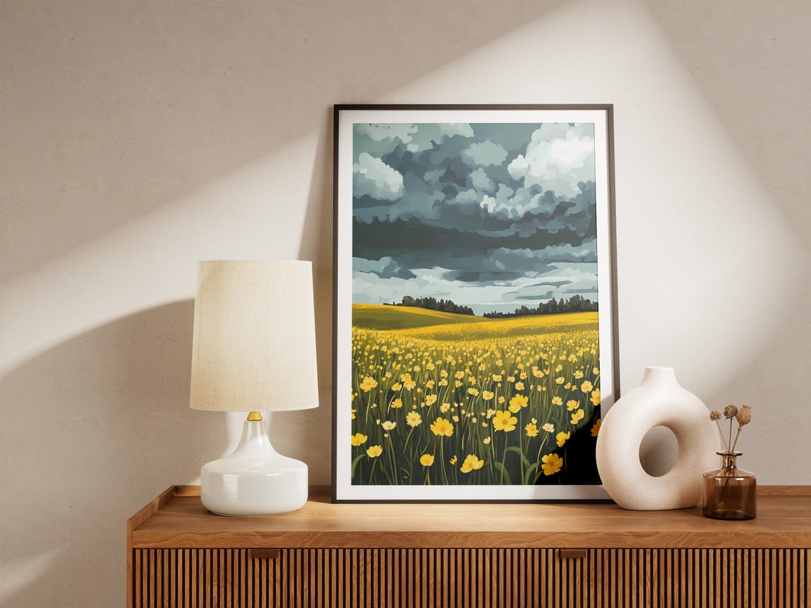 Buttercup Meadow Under Stormy Sky Dramatic Golden Landscape Poster - Image 5