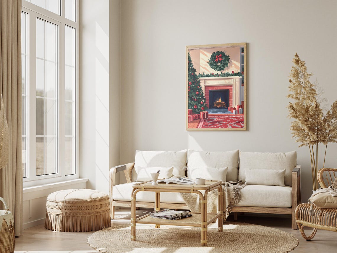 Cozy Christmas Fireplace Scene Poster with Tree Wreath and Gifts - Image 4