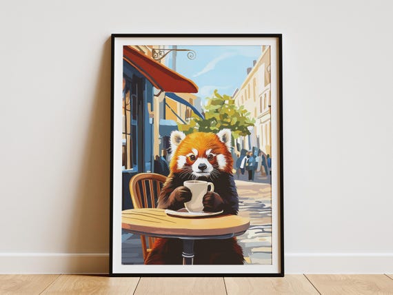 Red Panda Cafe Poster Animal Art Print Coffee Lover Gift Whimsical Wall Decor Cozy Unique Home