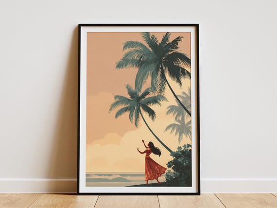 Hawaii Hula Dancer Poster Tropical Palm Tree Art Print Solo Performing Under Trees Hawaiian Wall Island Decor