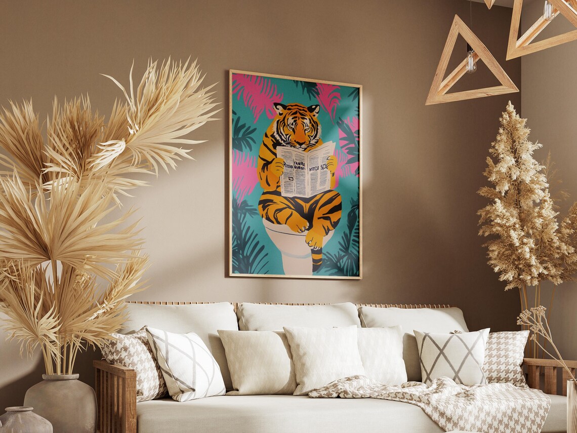 Tiger Reading Newspaper on Toilet Tropical Palm Leaf Art Poster - Image 3