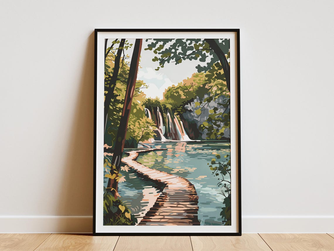 Plitvice Lakes Croatia Turquoise Waterfall Boardwalk Nature Poster