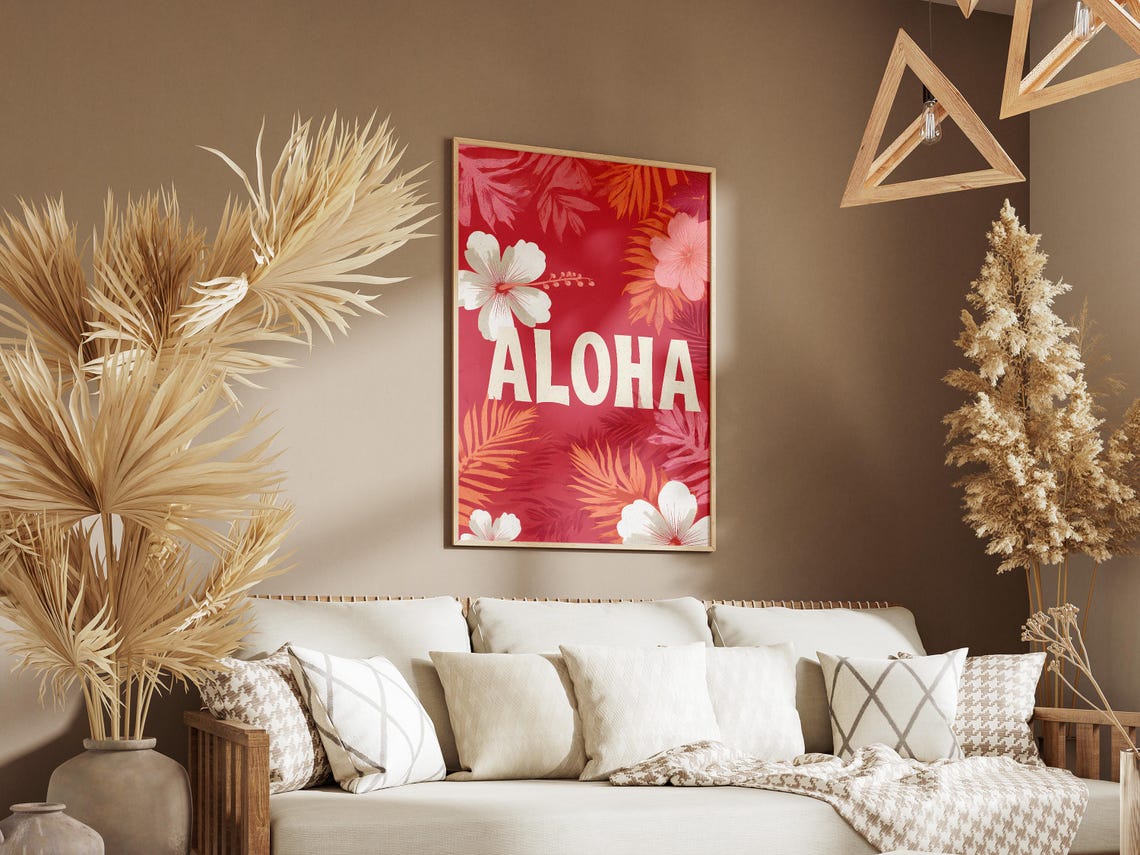 Aloha Typography Poster Red Hibiscus Tropical Floral Island Greeting - Image 3