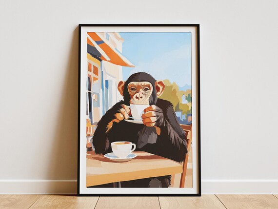 Chimpanzee Sipping Espresso at a Sunny Street Cafe Table Poster