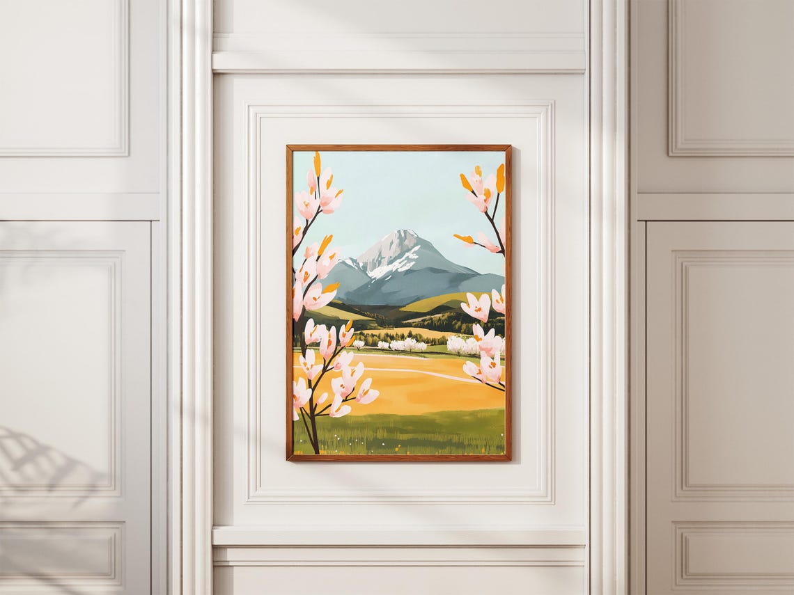 Snowy Mountain Peak With Pink Spring Blossoms Landscape Poster - Image 2