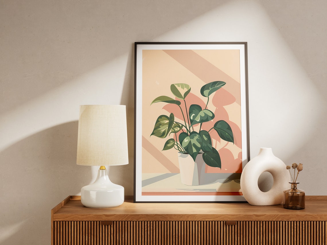 Potted Heart Leaf Houseplant Sunlit Corner Illustration Poster - Image 2