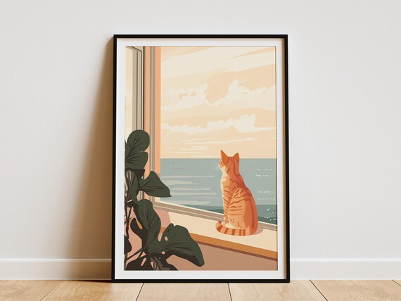 Sunlit Orange Tabby Cat on a Windowsill Gazing at the Ocean Poster