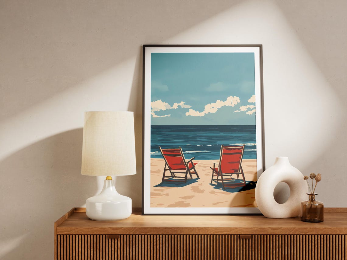 Red Beach Chairs Ocean View Summer Vacation Coastal Travel Poster - Image 4