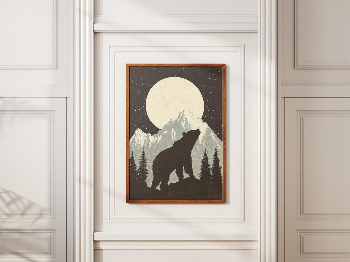 Bear Silhouette Moonlit Mountain Night Sky Vintage Art Poster - Image 2