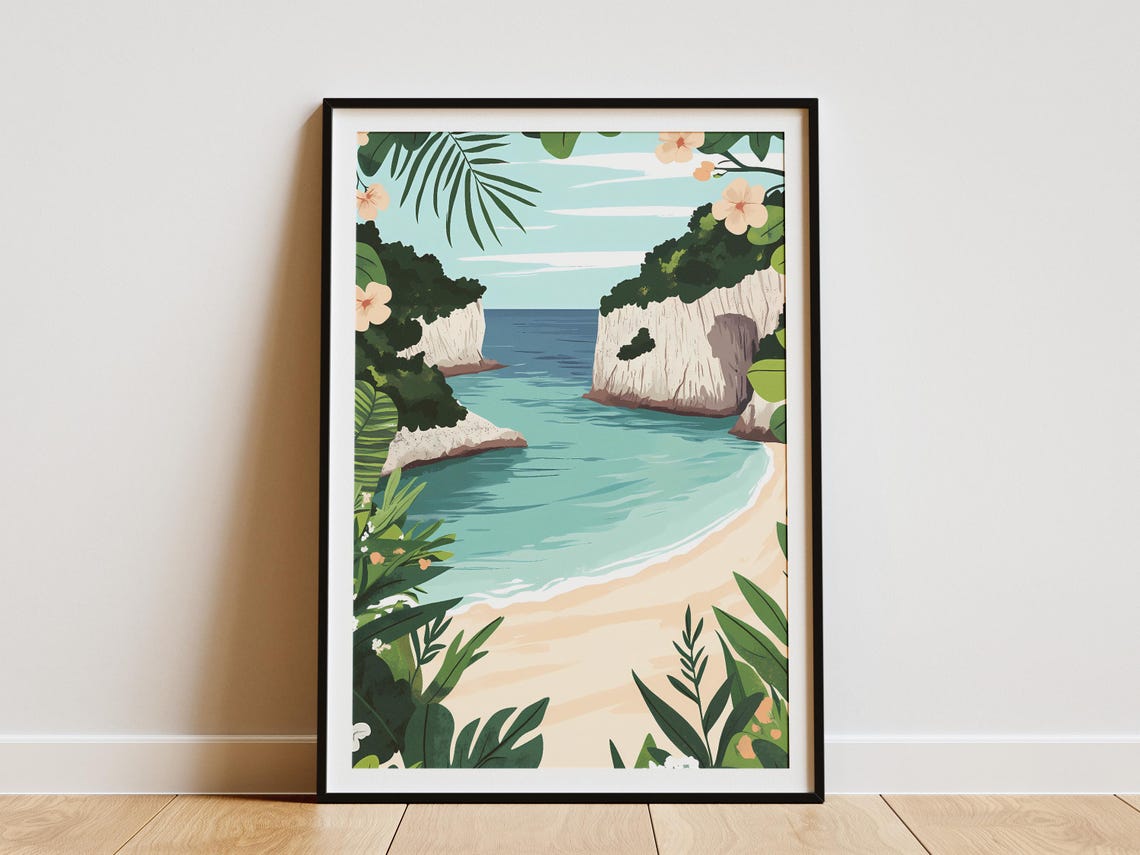 Tropical Beach Cove Between Limestone Cliffs Flower Border Poster