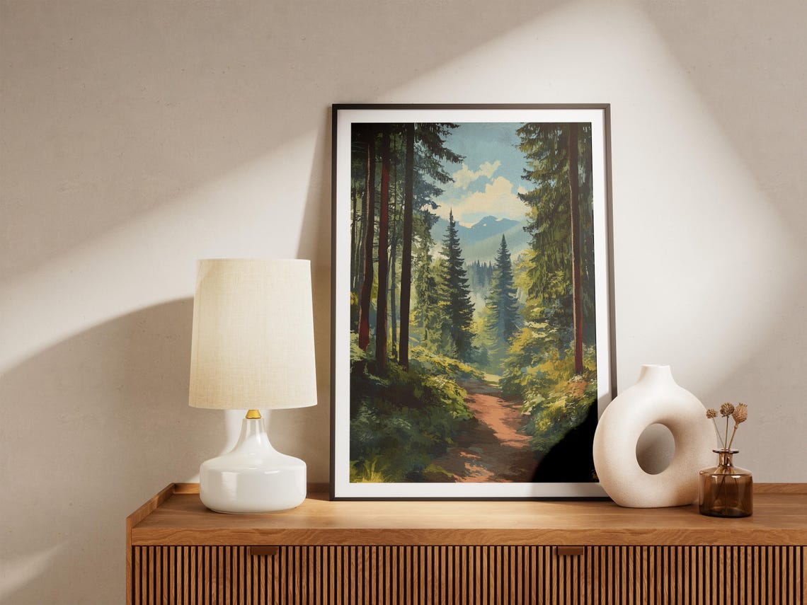 Sunlit Pine Forest Trail With Distant Mountain Peaks Scenic Poster - Image 4