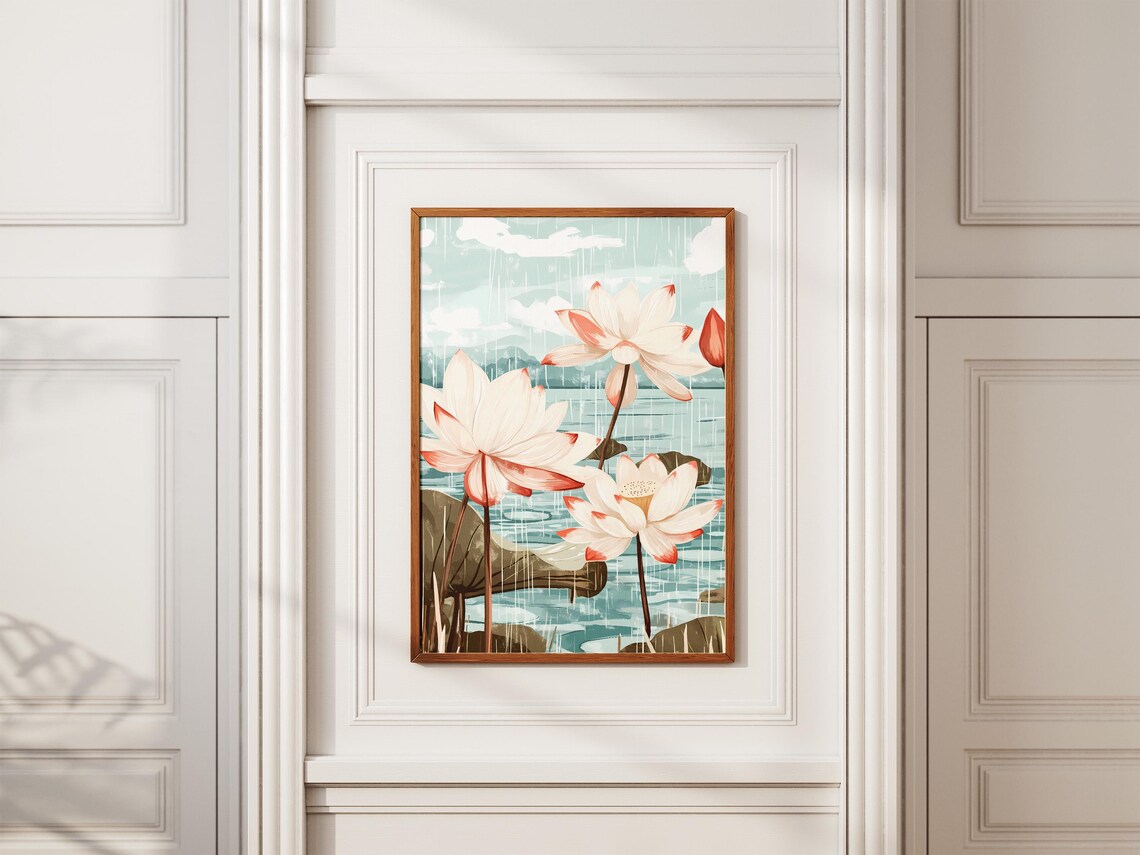Lotus Flowers Summer Rain Pond Botanical Illustration Zen Poster - Image 2