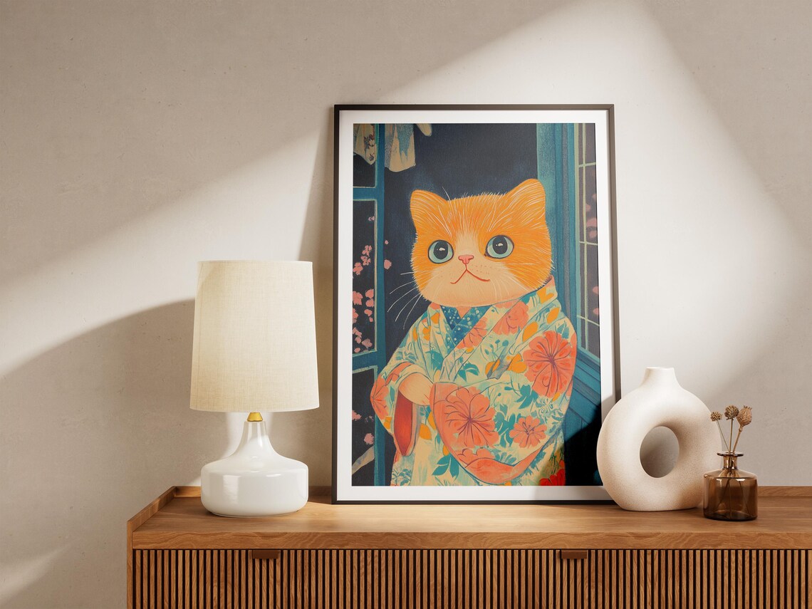 Orange Kitten in Floral Kimono Japanese Night Window Art Poster - Image 4