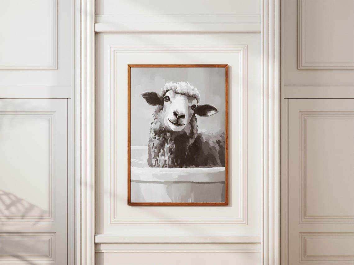 Goofy Sheep in Bathtub Funny Minimalist Farmhouse Bathroom Poster - Image 2