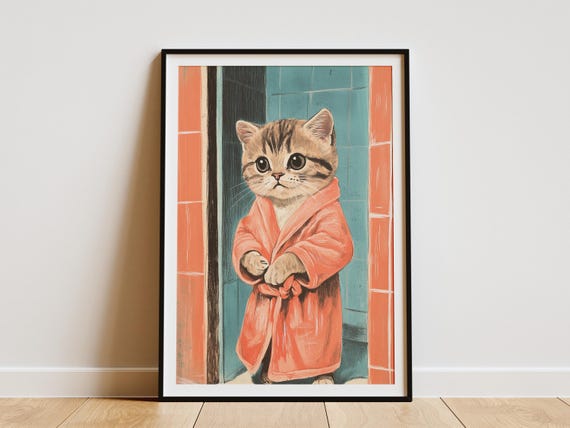 Scottish Fold Kitten In Bathrobe Poster Cute Art Print Bathroom Wall Decor Cat Lover Gift Pet Portrait Funny Animal