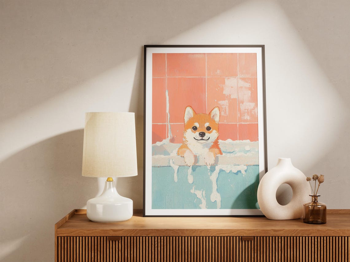Smiling Shiba Inu Puppy Bubble Bath Peach Tile Cute Dog Poster - Image 4