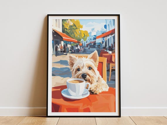 West Highland Terrier Art Print Dog Cafe Coffee Poster Cute Puppy Wall Cozy Home Decor Westie Lover Present