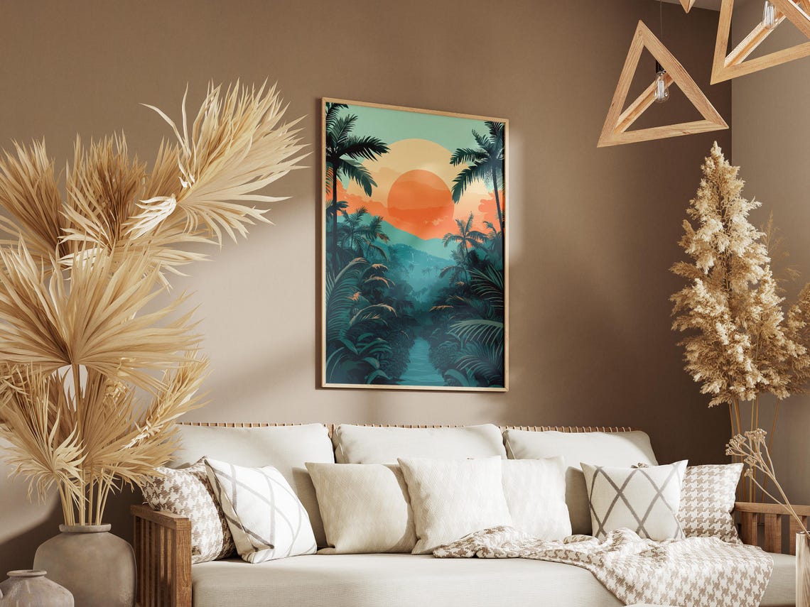 Tropical Jungle River Sunset Giant Orange Sun Palm Trees Poster - Image 3