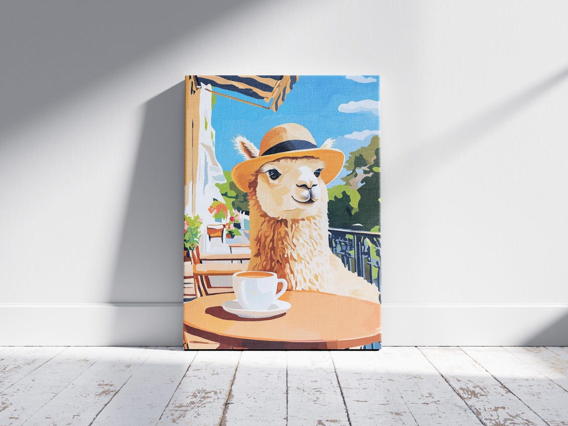 Alpaca in a Straw Hat at an Outdoor Cafe Table with Coffee Poster - Image 2