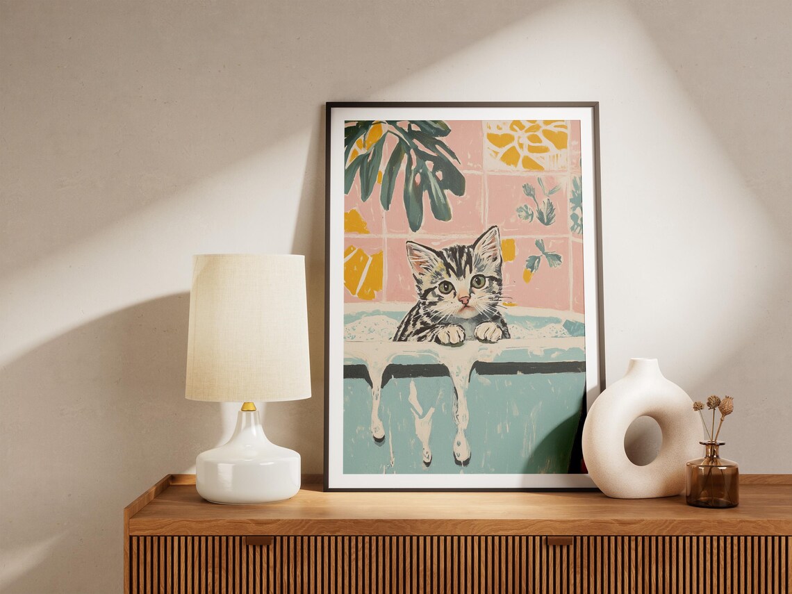 Tabby Kitten in Foamy Bubble Bath Floral Pink Bathroom Cat Poster - Image 4