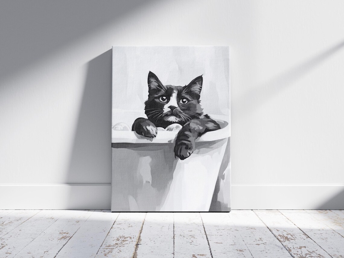 British Shorthair Tuxedo Cat In Bathtub Black White Art Poster - Image 2