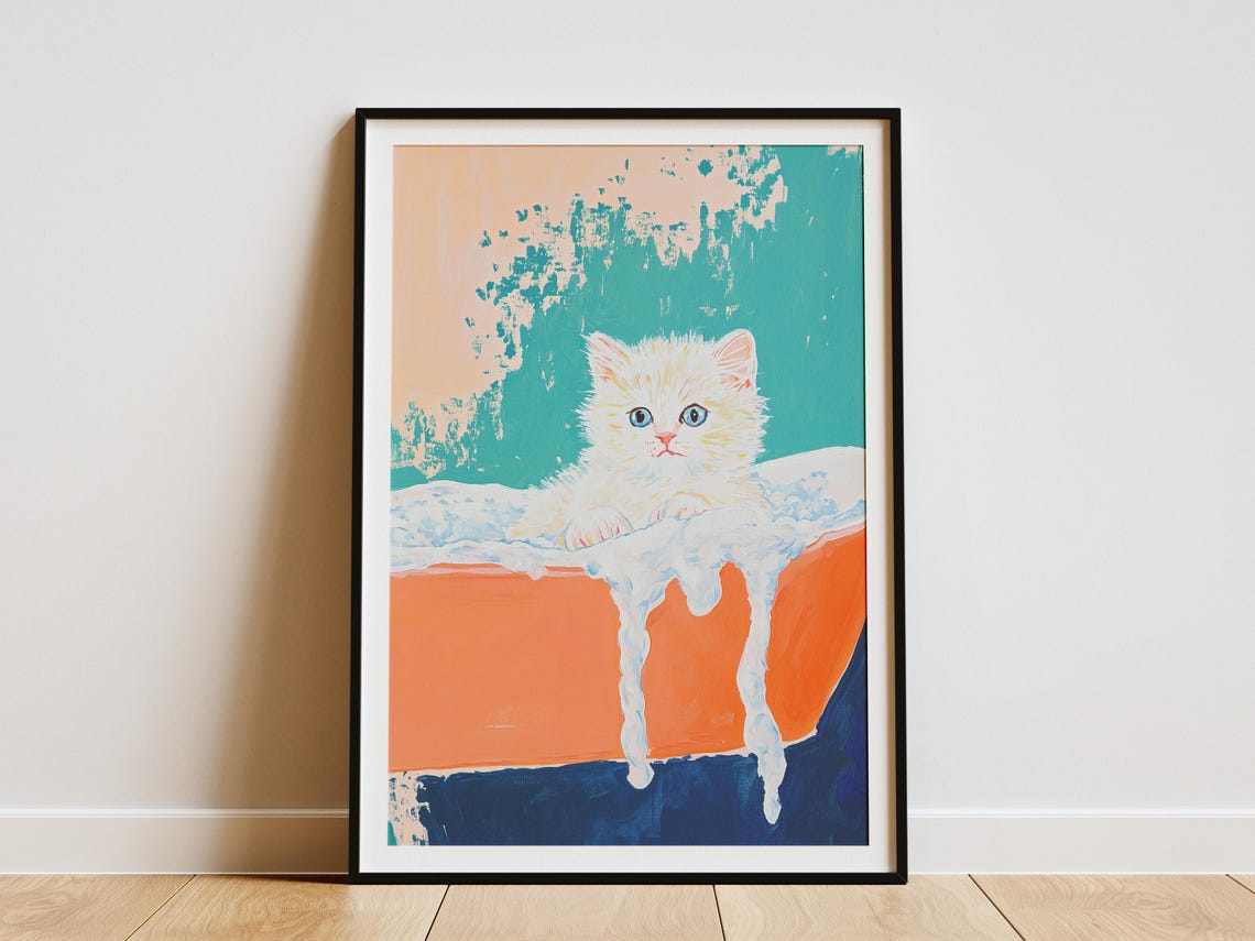 Fluffy White Kitten Bubble Bath Pop Art Cute Bathroom Decor Poster