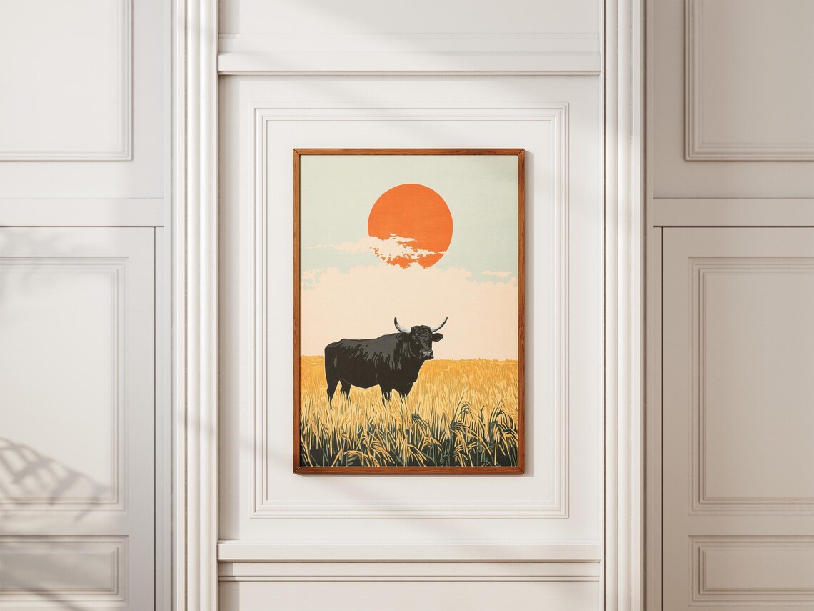 Black Bull in Golden Field at Sunrise Minimalist Asian Art Poster - Image 2