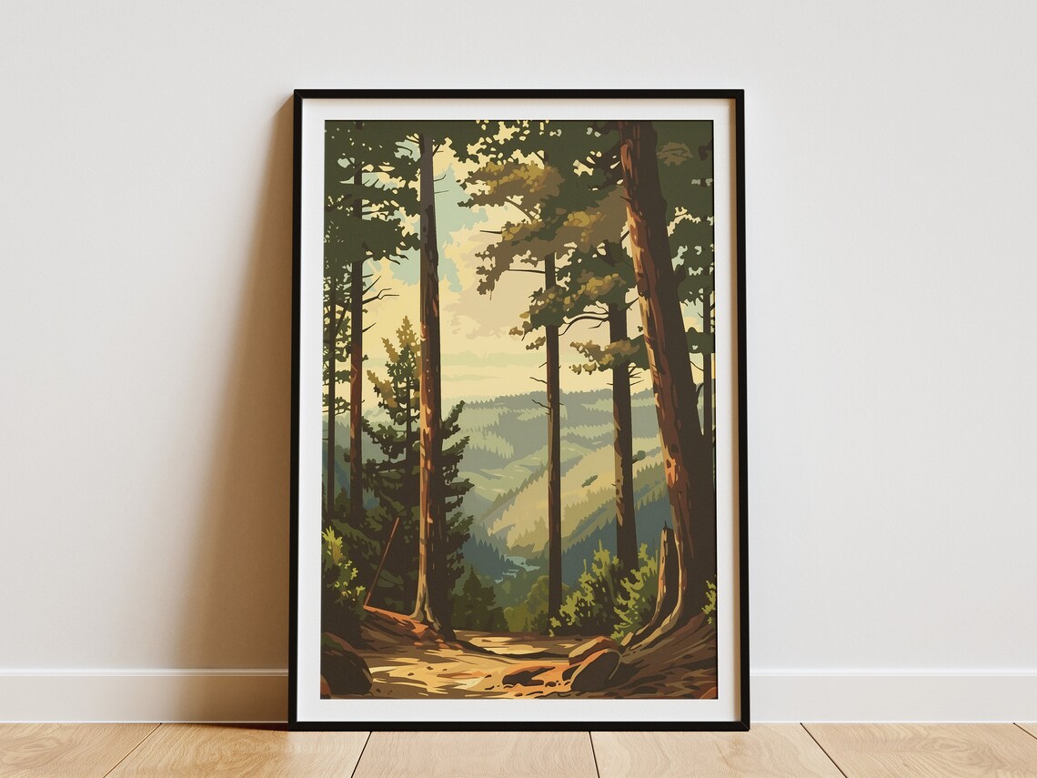 Forest Tall Trees Vintage Travel Poster, Abstract Landscape