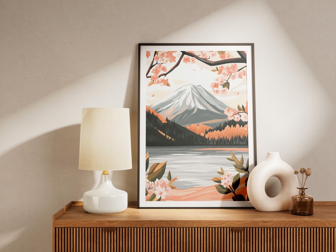 Cherry Blossom Branches Snow Capped Mountain Lake Scenic Poster - Image 5
