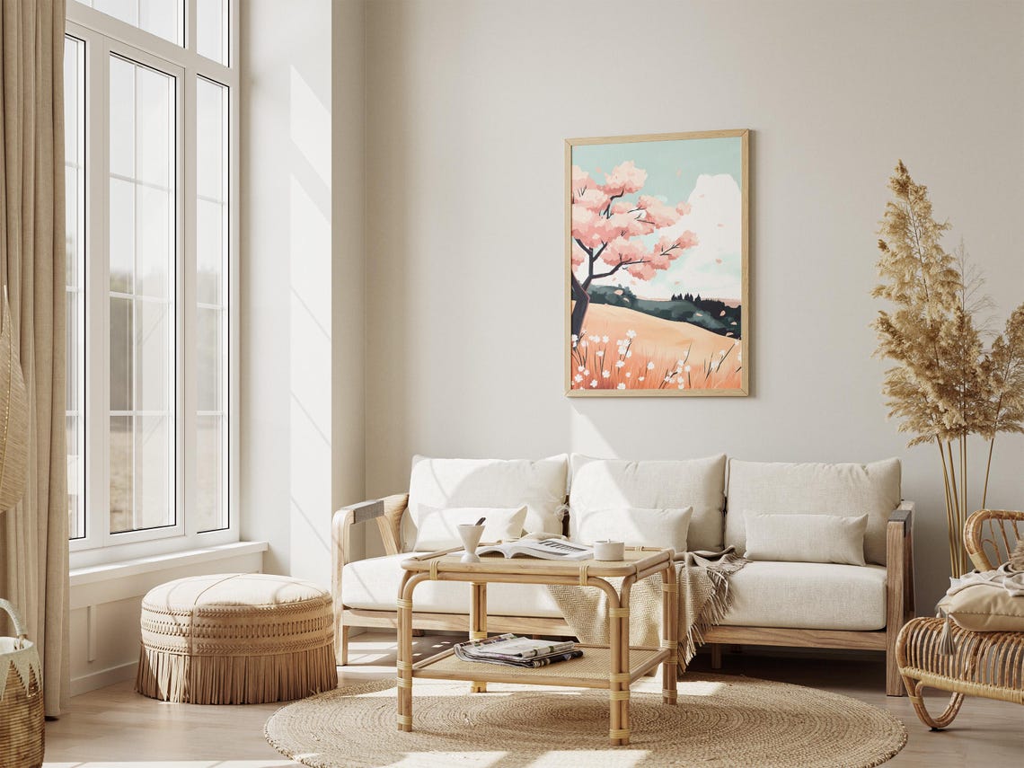 Pink Cherry Blossom Tree on a Golden Spring Hillside Bloom Poster - Image 4