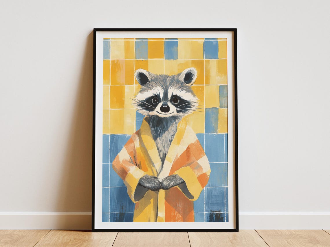 Raccoon In Yellow And Orange Bathrobe Funny Bathroom Wall Poster