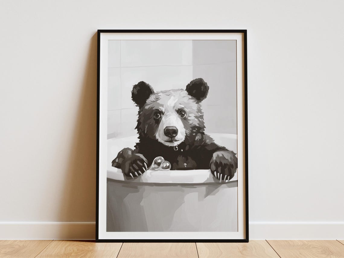 Bear In Bubble Bathtub Black and White Cute Animal Art Poster