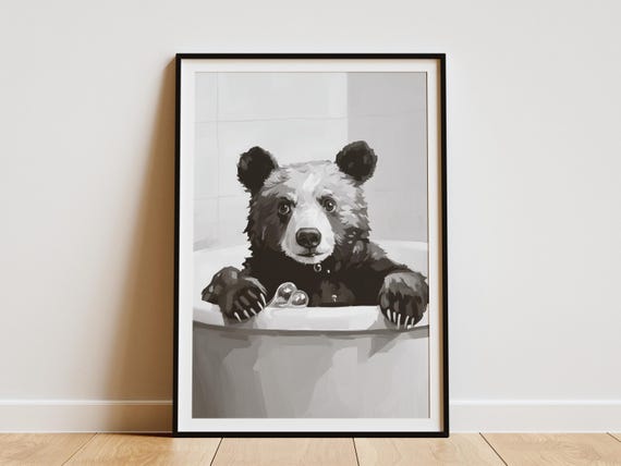Bear In Bathtub Poster Animal Art Print Funny Bathroom Decor Wall Nursery Minimalist Black And White