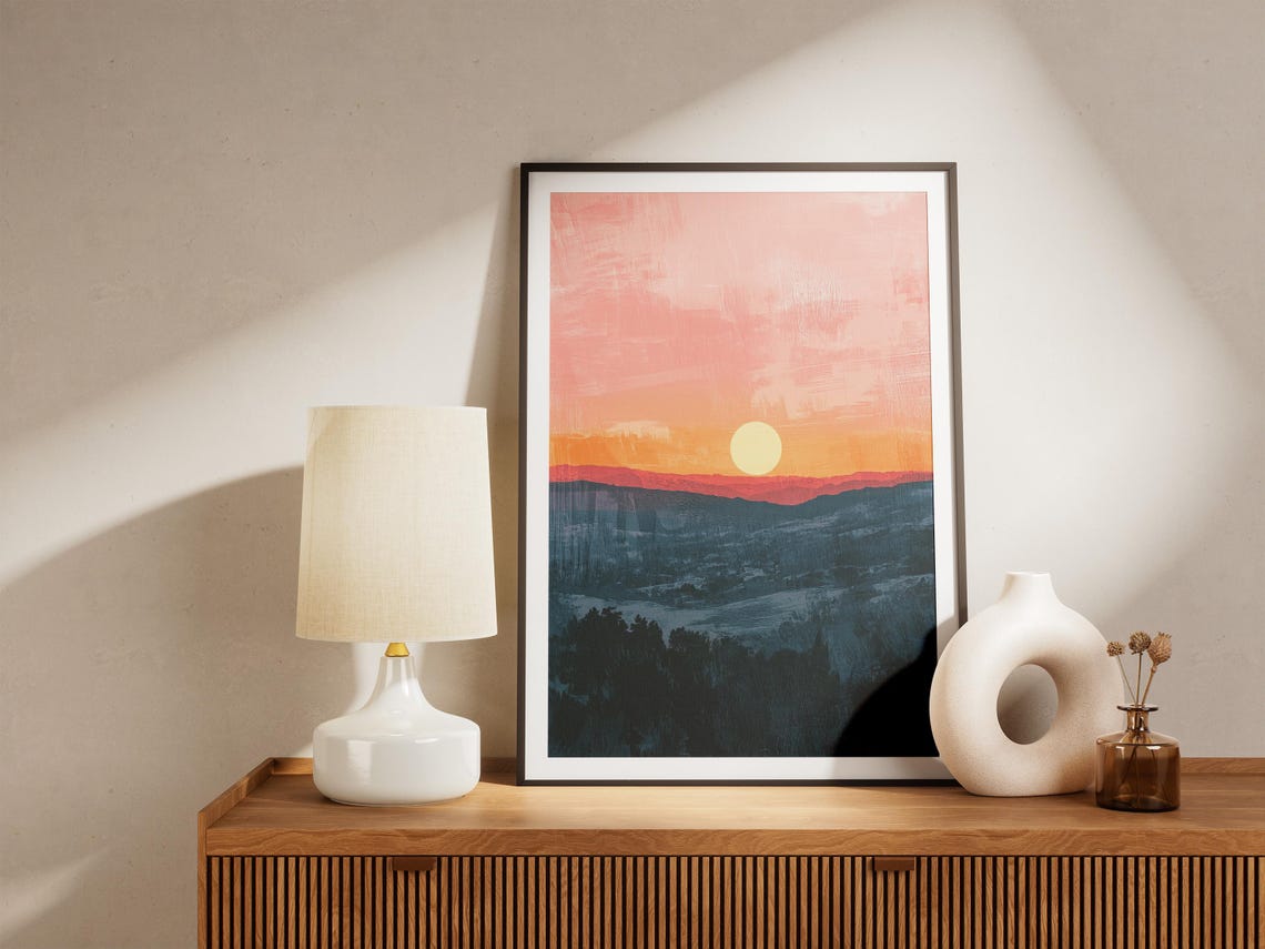 Glowing Sun Setting Over Layered Blue Mountains Evening Poster - Image 4