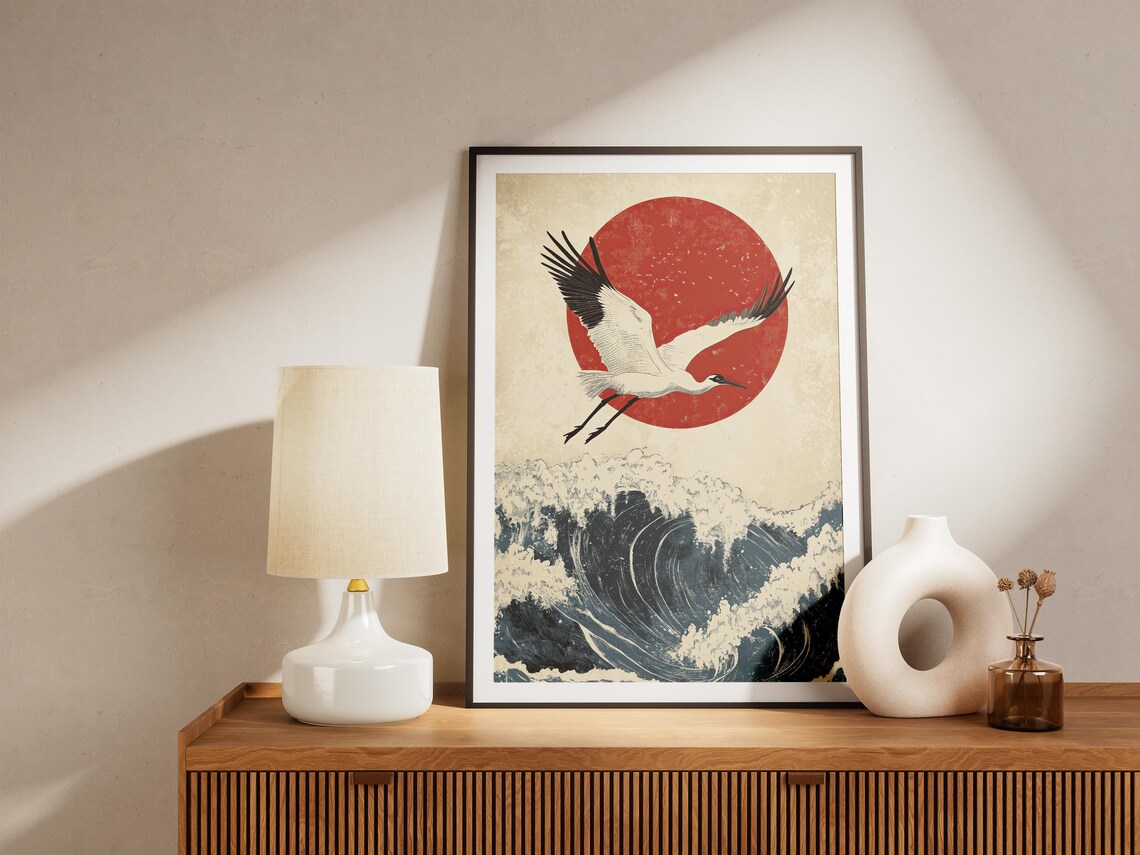 Japanese Red Crowned Crane Flying Over Red Sun Ocean Wave Art Poster - Image 5