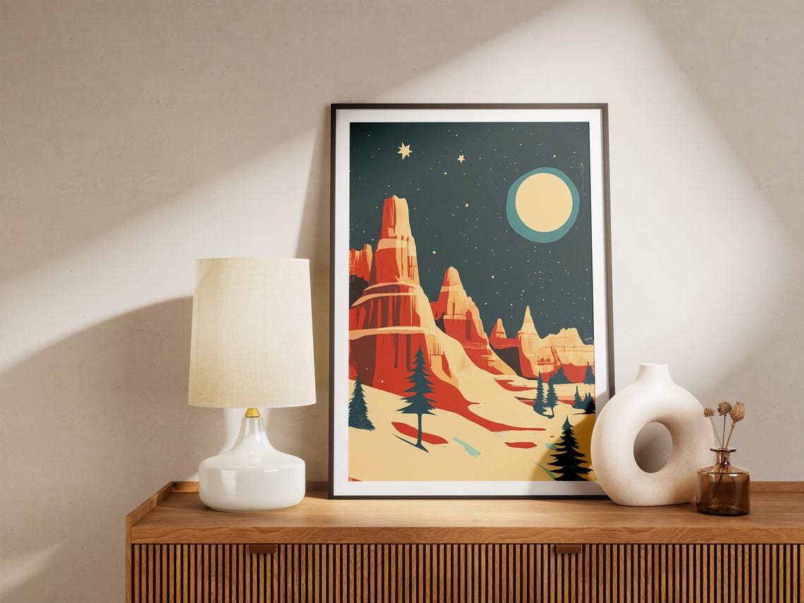 Towering Red Rock Spires Under Moonlit Snowy Desert Night Poster - Image 5