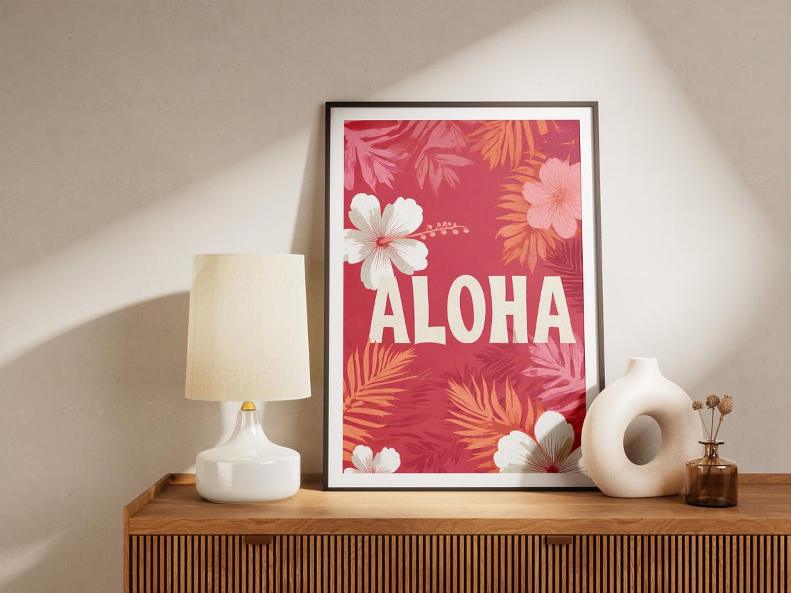 Aloha Typography Poster Red Hibiscus Tropical Floral Island Greeting - Image 4