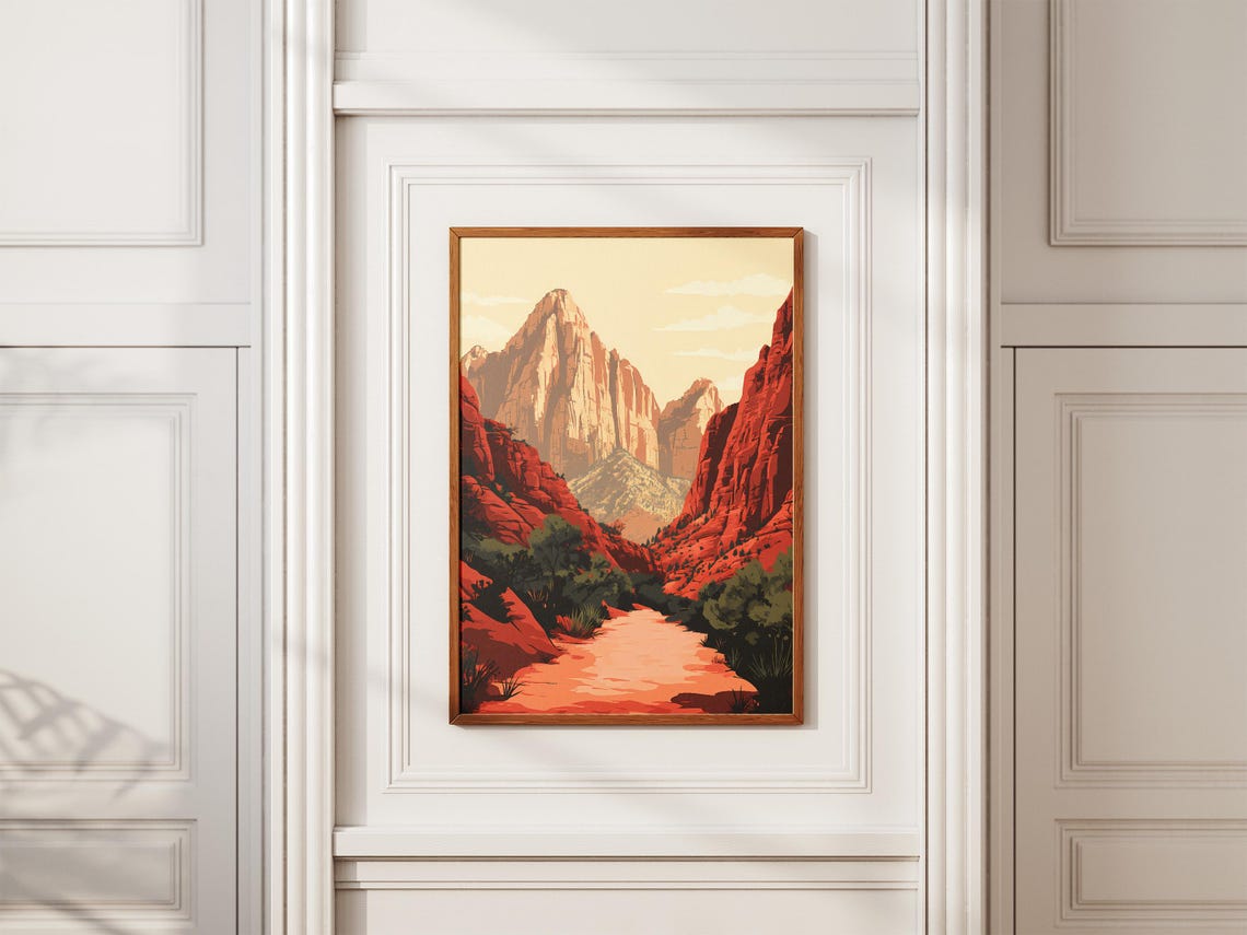 Zion National Park Poster Utah Canyon Landscape Print Red Rock Mountains Art Southwest Desert Nature Illustration Vintage Travel Poster - Image 2