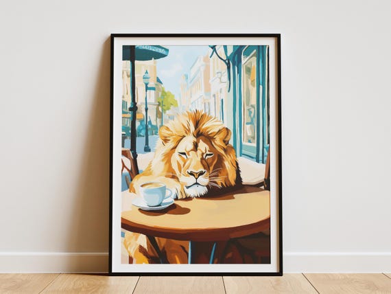 Lion In Cafe Poster Matisse Style Oil Painting Coffee Drinker Art Print Cozy Wall Decor Animal Unique Home
