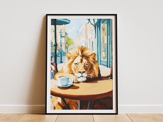 Sleepy Lion Coffee Poster Whimsical Animal Cafe Wall Decor Decor