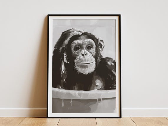 Chimpanzee Bathtub Poster Funny Bathroom Art Print Wall Decor Animal Bubble Bath Chimp Humor
