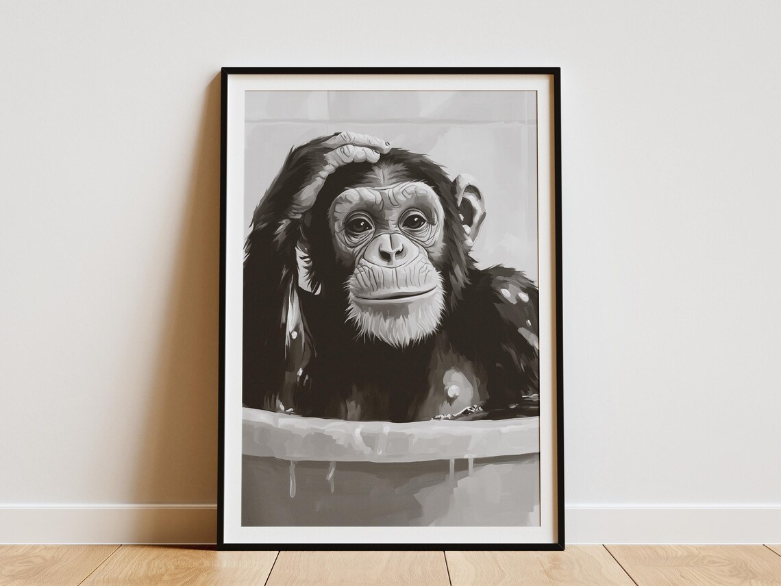 Chimpanzee in Bathtub Black and White Funny Jungle Animal Decor Poster