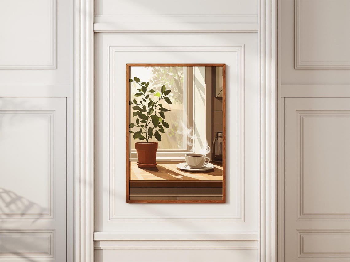 Sunlit Windowsill Ficus And Steaming Coffee Cup Kitchen Poster - Image 2